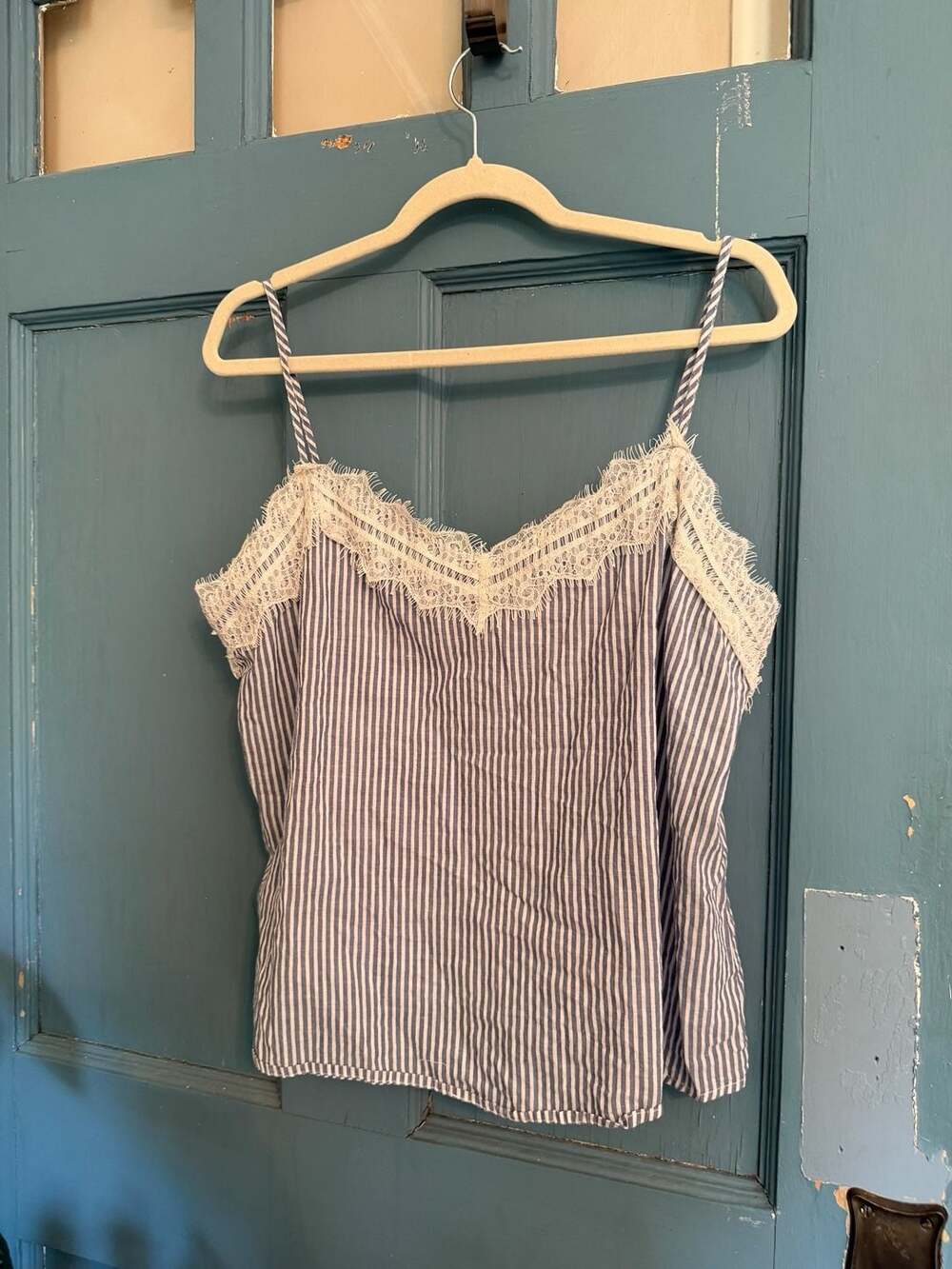Gilly Hicks Sydney Blue and White Striped Lace Trim Cami Sleep Tank Top Size L